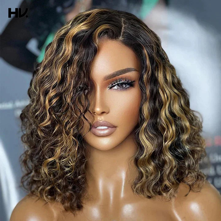 Number 16 : Eymn highlight honey blonde deep curly 4x4HD gluless wig 200%