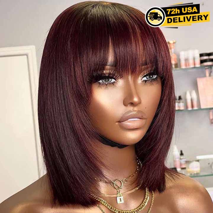 Number 17 : Eymn hair gluless layer 4x4 closure straight short bob burgundy dark red human hair wig 200%